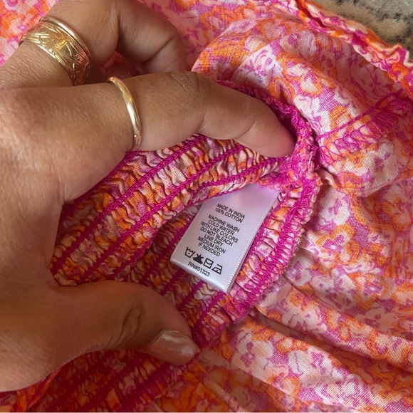 Cece Vibrant Orange Pink Floral Blouse Smocked Peplum Puff Sleeve Small - Picture 9 of 10